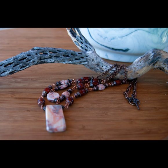 Hand Crafted Jewelry - NEW - Handmade - Necklace of Natural Stone Red Vein Marble & Carnelian Beads